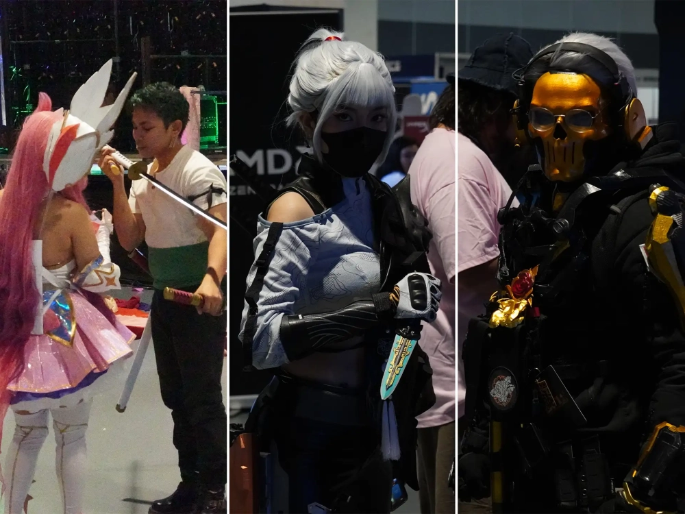 Cosplayers dressed up as gaming and anime characters, including a ninja with a dagger and a skull-masked soldier.
