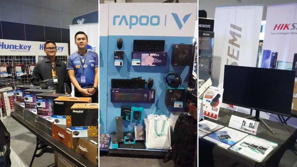 Showcase of tech booths featuring Huntkey power supplies, Rapoo gaming peripherals, and Hiksemi monitor displays at a technology expo.