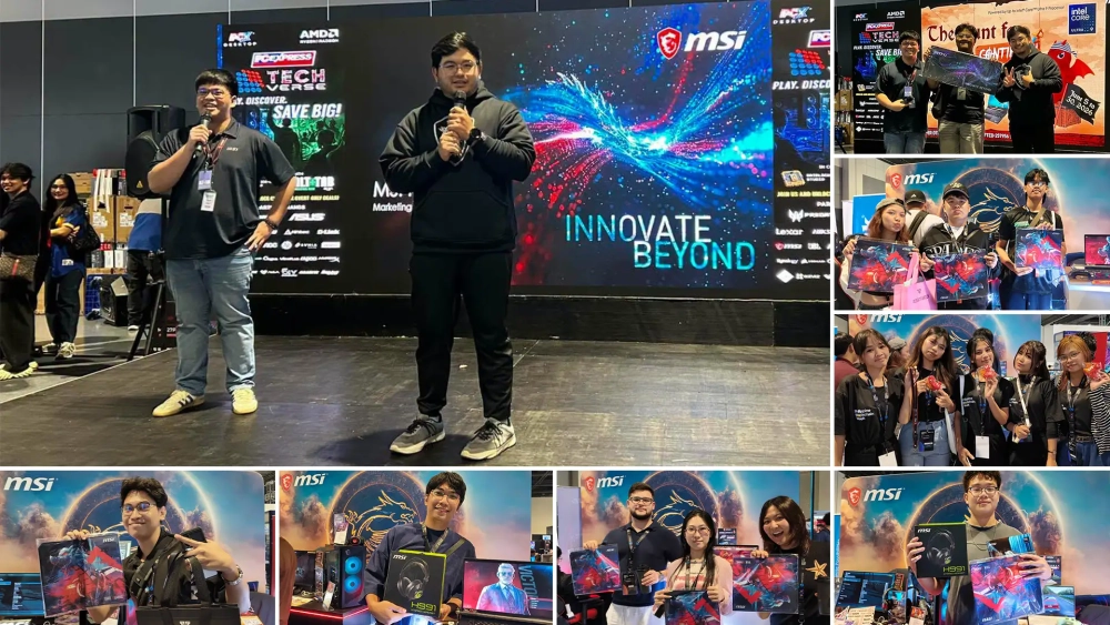 Collage of the MSI stage presentation with hosts alongside booth visitors winning MSI gaming mousepads and headsets.