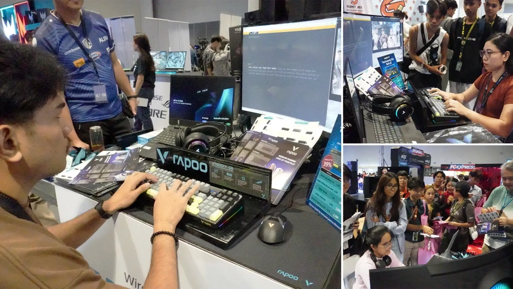 Attendees trying out mechanical keyboards and mice at the Rapoo tech convention booth during Tech Verse.